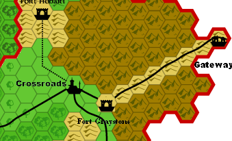 Close up of Crossroads / Fort  Graystone / Gateway area.  1 hex = 8 miles